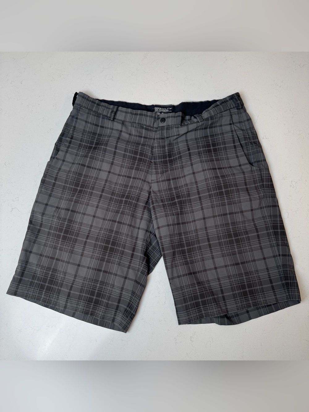 Nike Men's Black and Gray Plaid Flat-Front Shorts